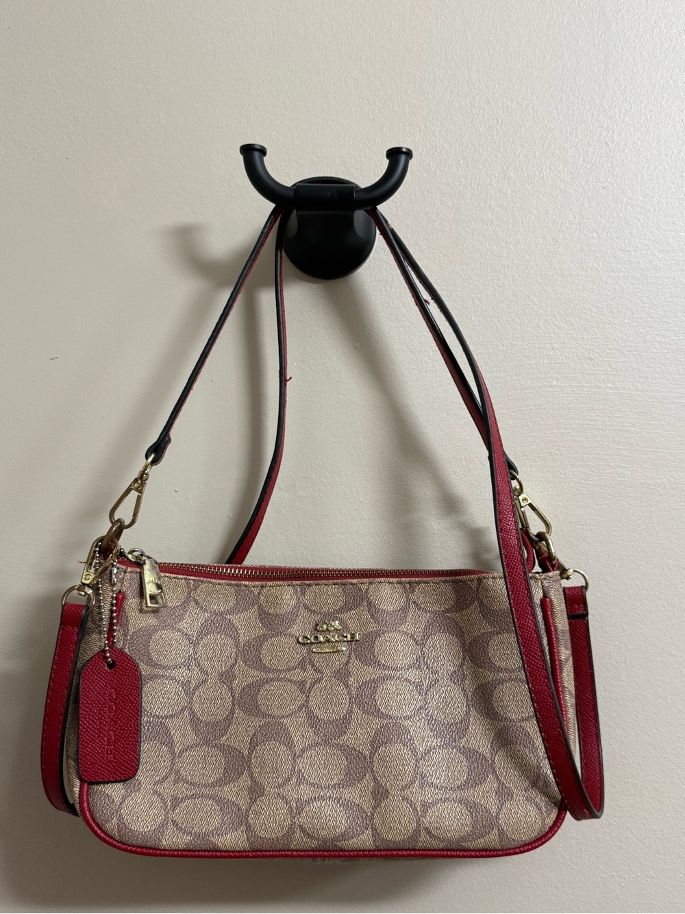Coach Signature Canvas Crossbody in Beige and Red Trim
